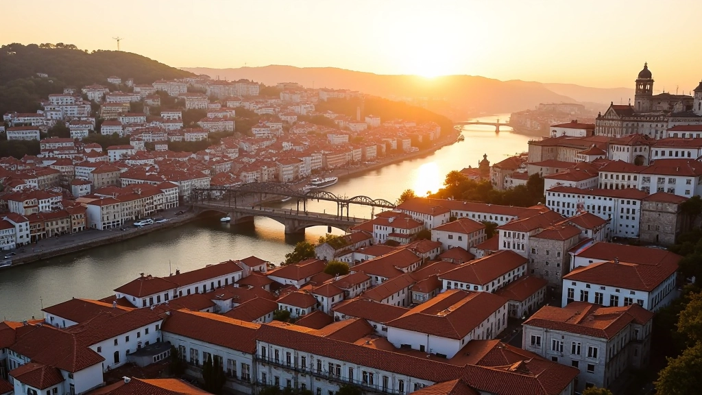 Vista aérea da Ribeira do Porto com prédios históricos e rio Douro ao fundo