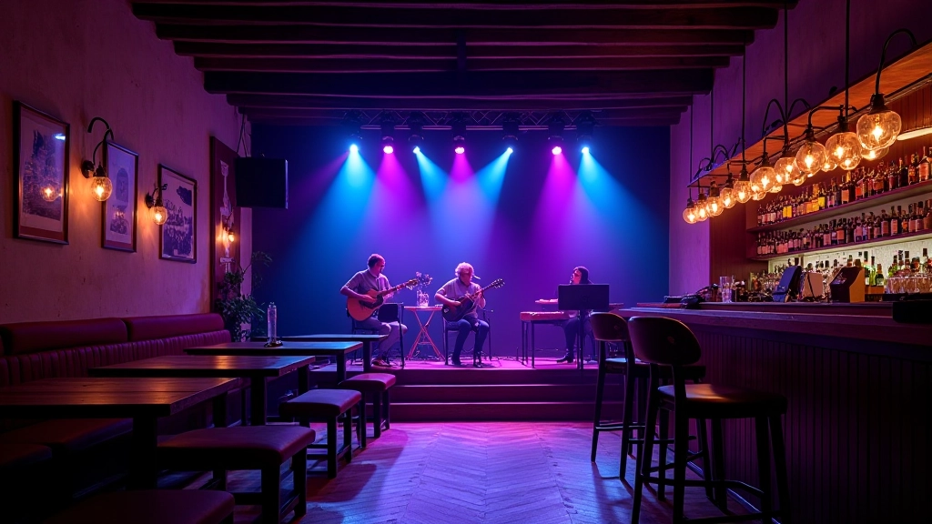 Interior acolhedor de uma sala de concertos do Porto com mesas altas e palco iluminado