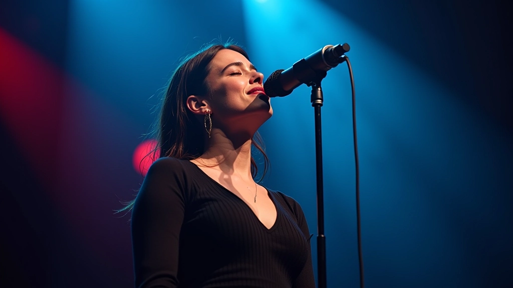Cantora de fado moderno em palco com iluminação LED contemporânea e microfone profissional