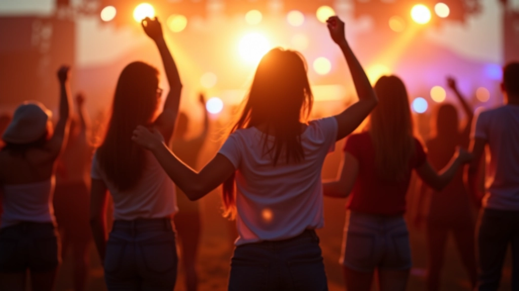 Multidão de pessoas dançando num festival de música indie ao pôr do sol
