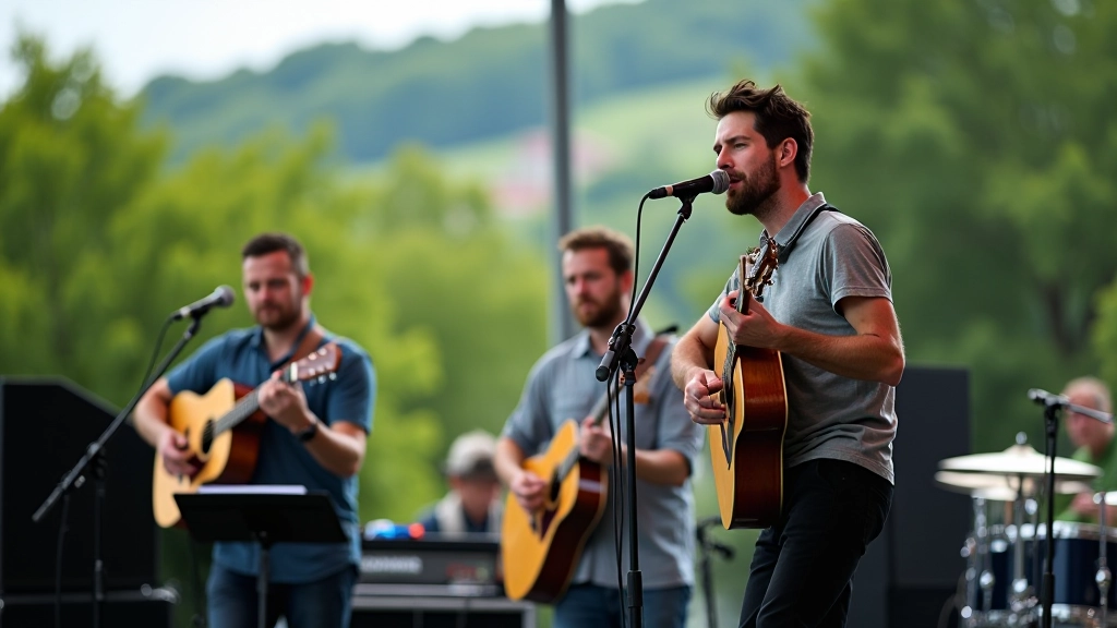 Bandas tocando num festival indie português com equipamento de som profissional e paisagem verde ao fundo