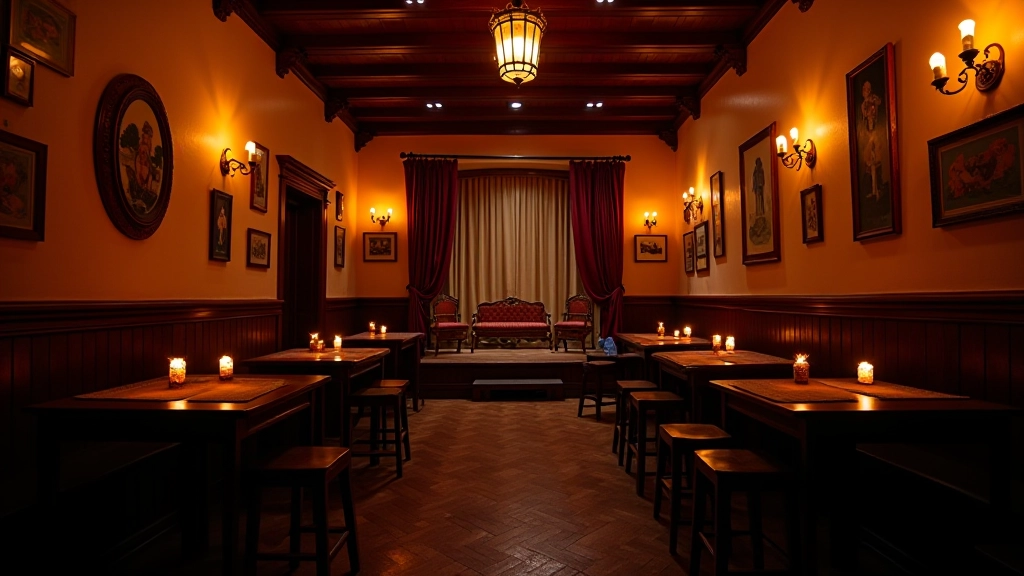 Interior de casa de fado tradicional em Lisboa com mesas intimas e palco pequeno iluminado