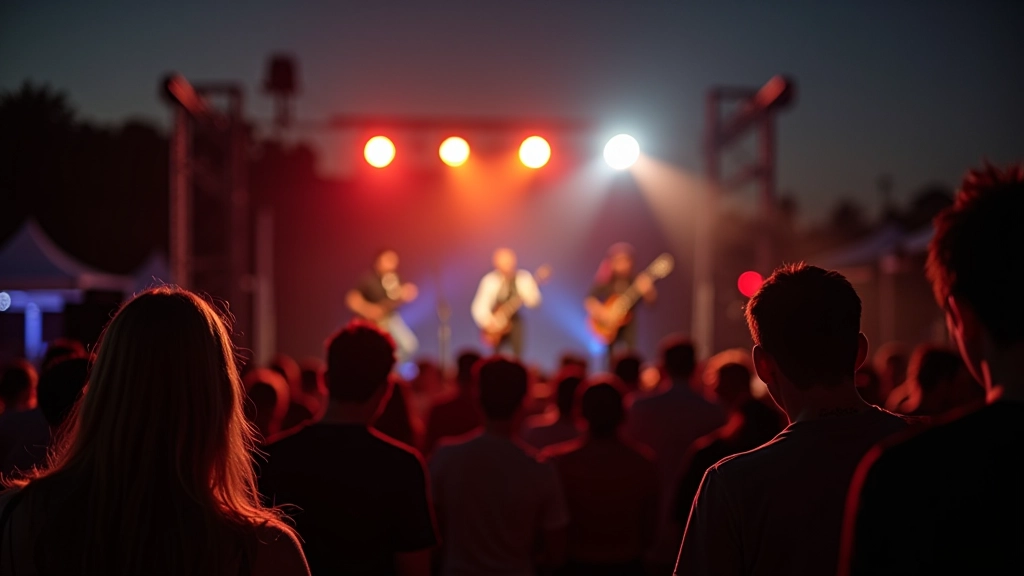 Multidão pequena num festival indie ao ar livre com bandas no palco e luzes ao anoitecer