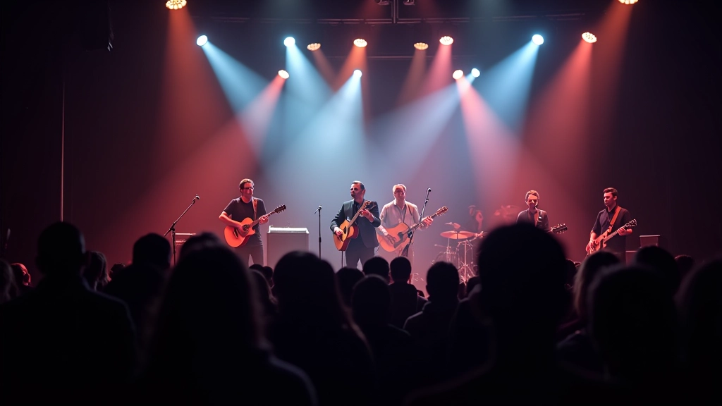 Palco iluminado com músicos em apresentação ao vivo e público em primeiro plano