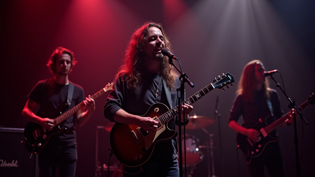 Banda de rock ao vivo num palco com instrumentos e amplificadores