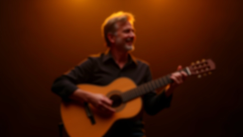 Guitarrista tradicional tocando guitarra portuguesa em palco com iluminação dourada
