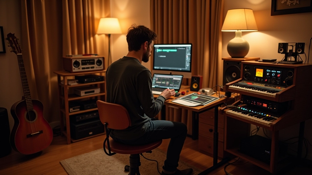 Estúdio moderno com equipamento de áudio e instrumentos musicais tradicionais portugueses