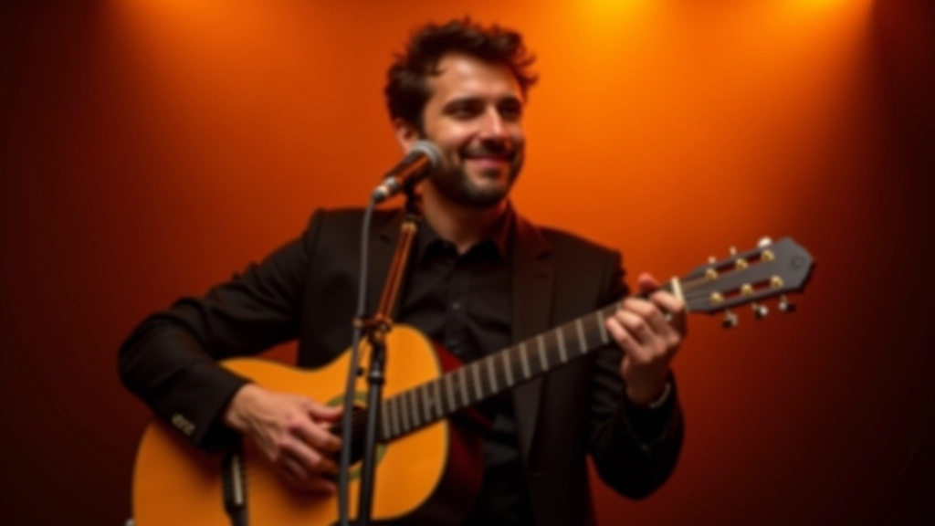 Músico tocando guitarra portuguesa em ambiente de concerto com iluminação quente