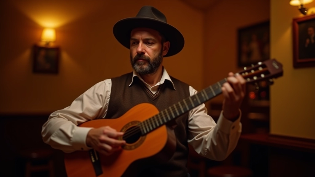 Guitarrista português tocando guitarra tradicional em restaurante aconchegante com iluminação quente