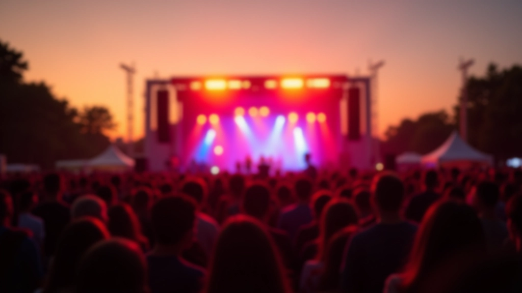 Público em festival indie ao entardecer, mãos levantadas durante performance musical
