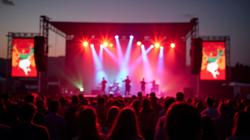 Palco de festival indie com multidão dançando sob iluminação colorida ao entardecer