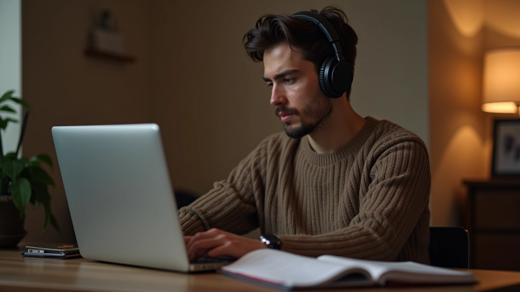 Pessoa com fones de ouvido trabalhando num computador portátil, rodeada de notas musicais