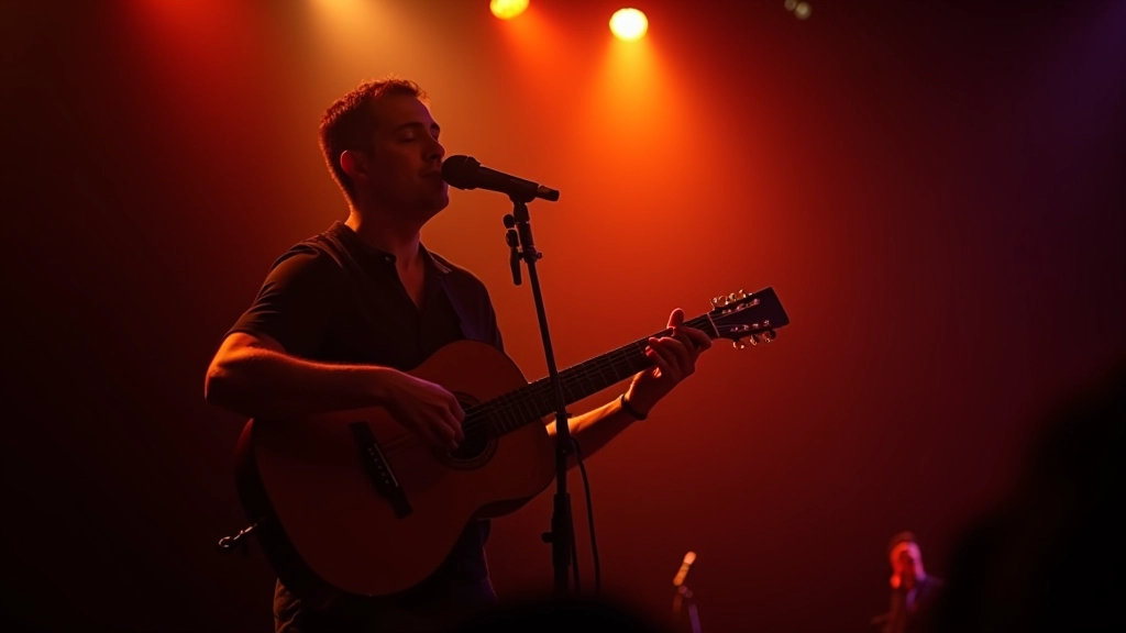 Guitarrista tocando guitarra clássica num palco com iluminação quente