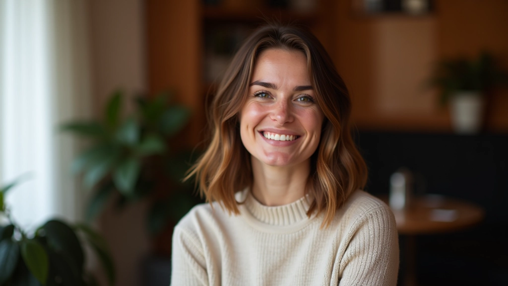 Mulher sorridente em ambiente de café português, luz natural da manhã